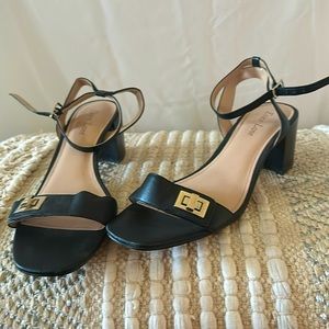 Essex Lane mini block heel sandal, gold buckle detail